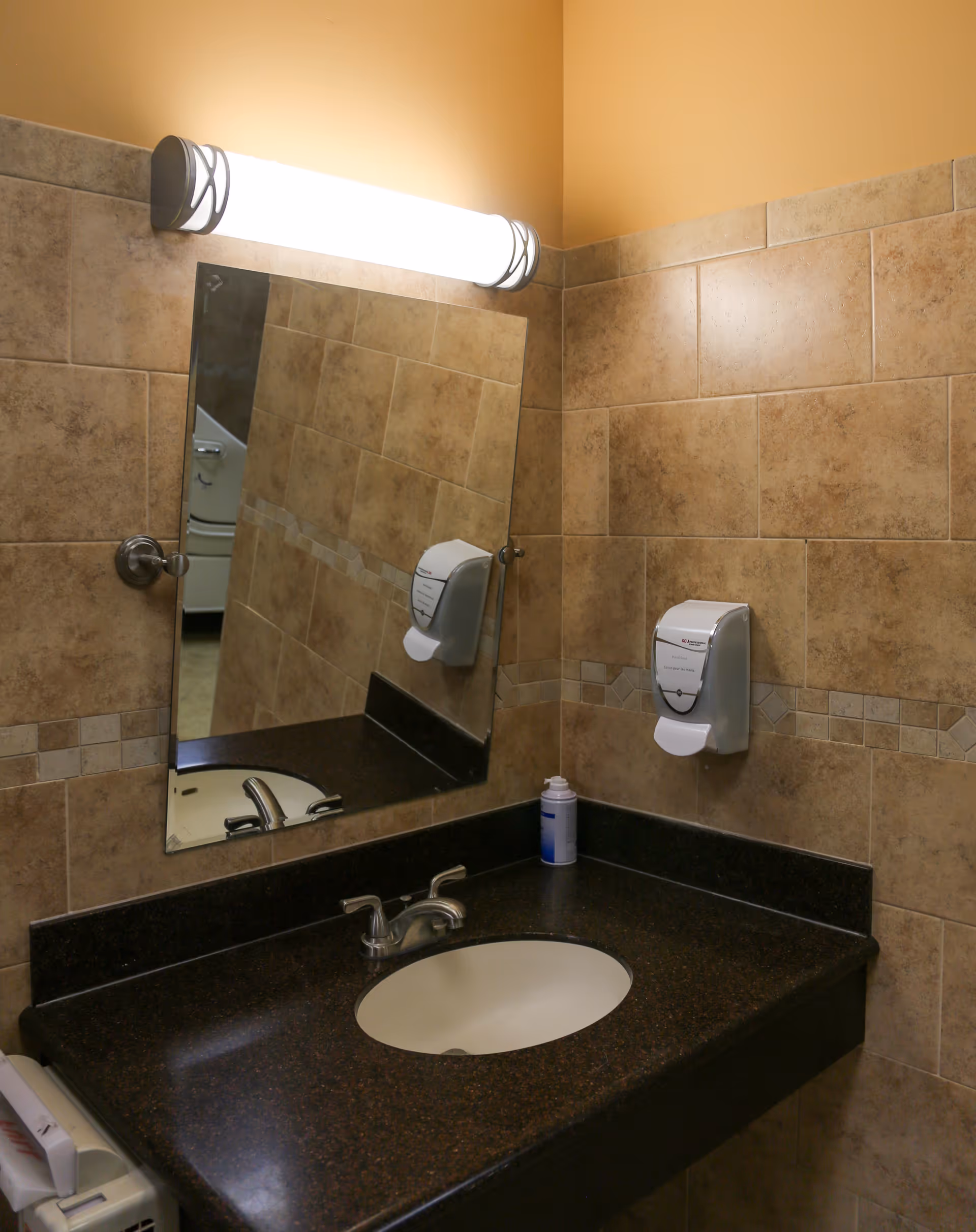 A bathroom sink area with a dark countertop, an oval white sink, a silver faucet, a mounted soap dispenser on the tiled wall, a rectangular mirror, and a bright horizontal light fixture above the mirror. The walls are covered with beige and brown tiles.