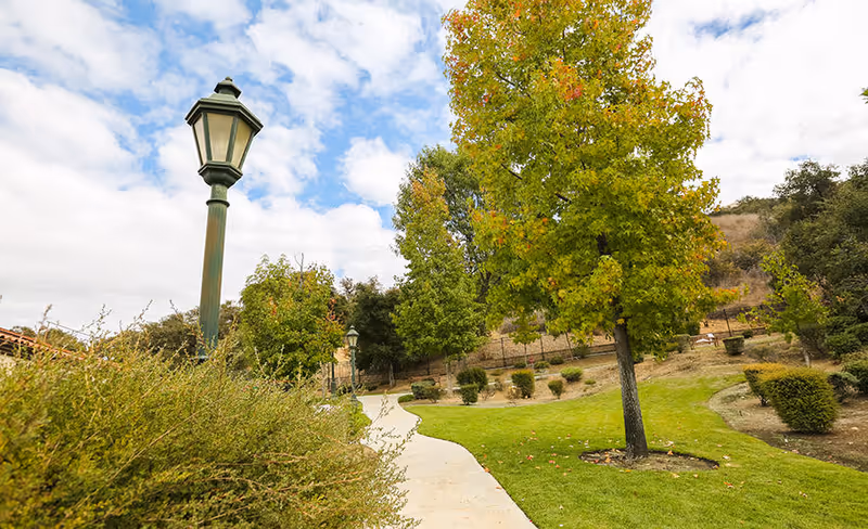 A winding concrete pathway through a landscaped garden area with green grass, bushes, and trees under a partly cloudy sky. There are vintage-style lamp posts along the path and a hillside with more trees and shrubs in the background.