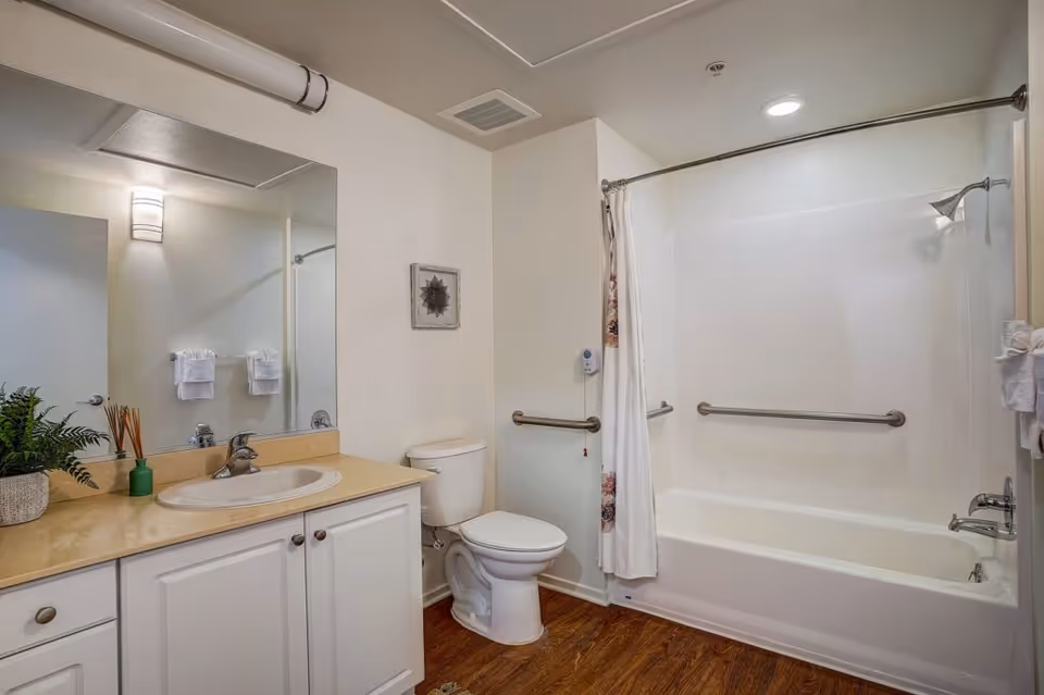 A clean and well-lit bathroom featuring a white vanity with a beige countertop and a sink, a large mirror above the vanity, a toilet, and a bathtub with a shower curtain and grab bars. The floor has a wood-like finish, and there is a small plant and decorative items on the countertop.