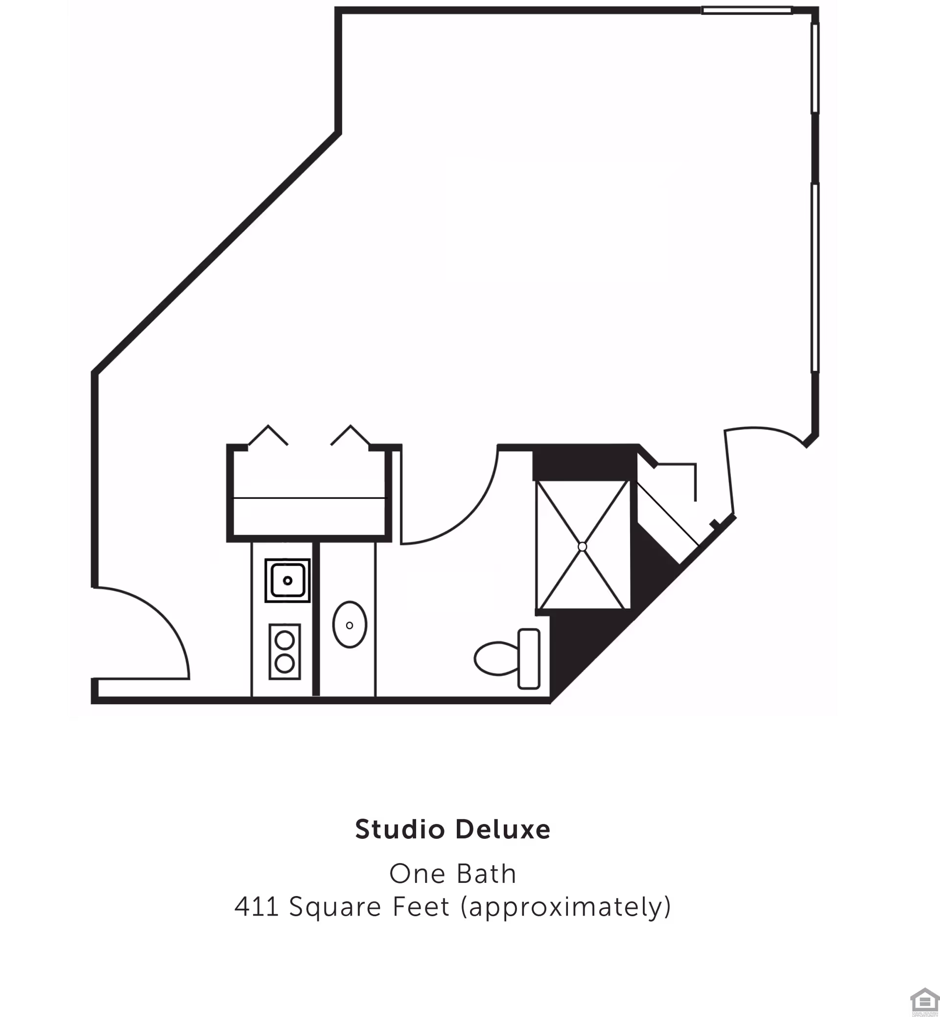 Floor plan of a Studio Deluxe apartment with one bathroom, approximately 411 square feet. The layout includes an entry door, a kitchenette with a sink and stove, a bathroom with a toilet and shower, and an open living/sleeping area.