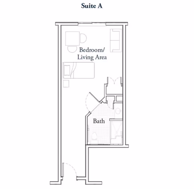 Floor plan labeled Suite A showing a combined bedroom and living area with a bed, chair, and sofa, and a separate bathroom with a toilet, sink, and shower.