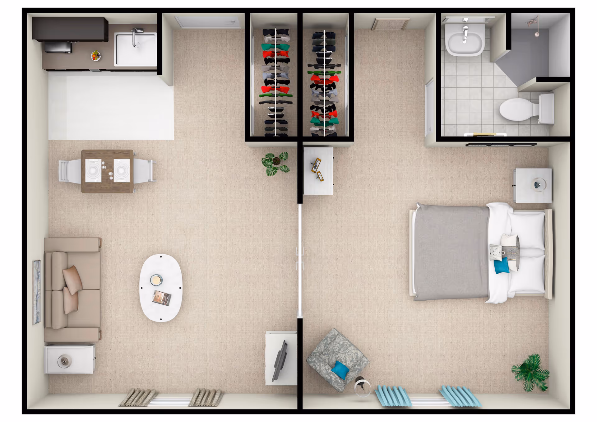 Top-down view of a senior living apartment floor plan featuring a living room with a sofa, coffee table, side table, and TV stand; a dining area with a small table and two chairs; a kitchen with a sink and counter space; a bedroom with a bed, nightstand, armchair, and plant; a bathroom with a toilet, sink, and shower; and a walk-in closet with hanging clothes.