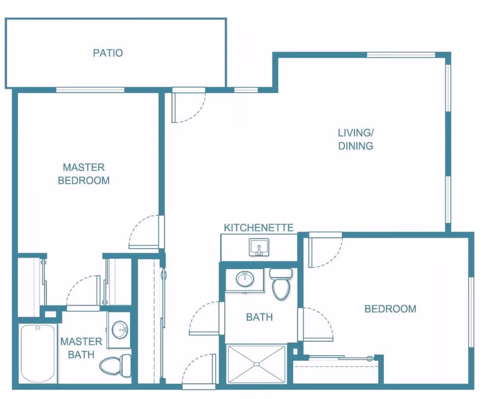 Floor plan of a living space at Holiday Fleming Point showing a master bedroom with attached master bath, a second bedroom, a bath, a kitchenette, a combined living and dining area, and a patio.