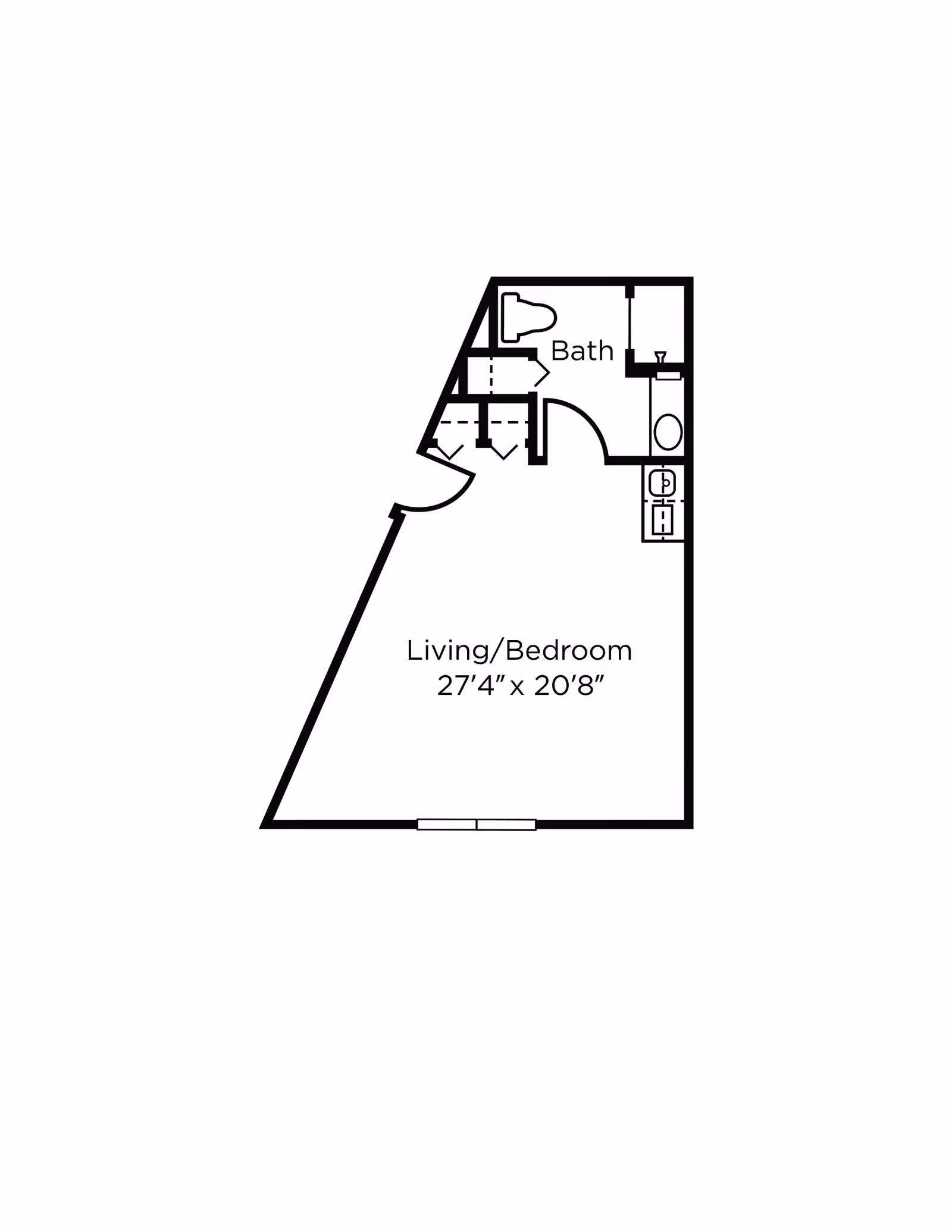 Floor plan layout showing a combined living and bedroom area measuring 27 feet 4 inches by 20 feet 8 inches, with an adjacent bathroom and small kitchenette area.
