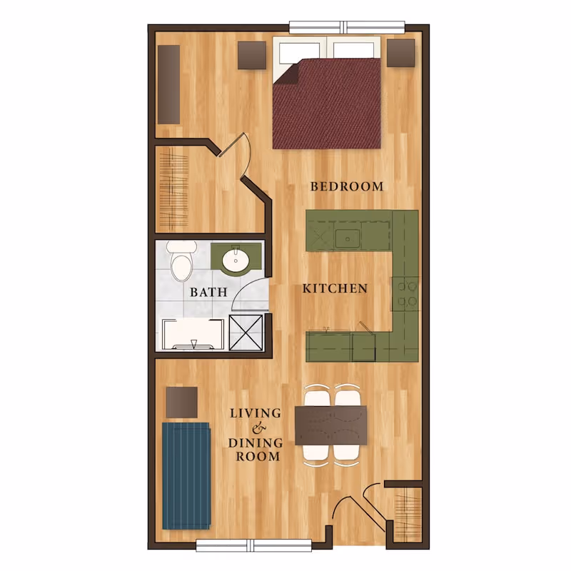 Floor plan of a senior living apartment at The Atriums Senior Living Community showing a bedroom with a bed and nightstands, a kitchen with counters and appliances, a combined living and dining room with a sofa and dining table with chairs, and a bathroom with a toilet, sink, and shower.