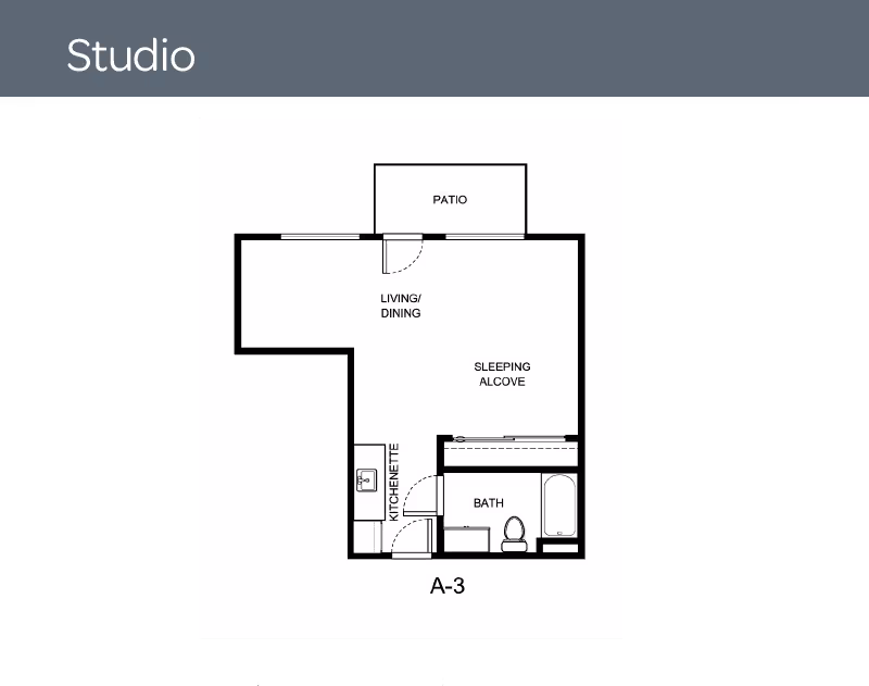 Black-and-white floor plan labeled A-3 of a studio with living/dining area, sleeping alcove, kitchenette, bath, and patio.