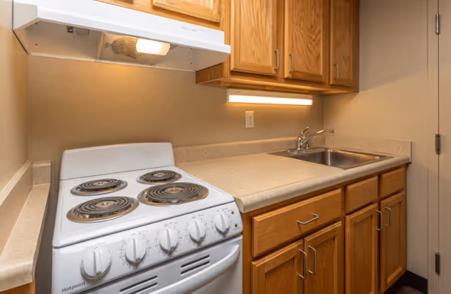 A small kitchen area featuring a white electric stove with four coil burners, wooden cabinets above and below the beige countertop, a stainless steel sink with a faucet, and a light fixture under the upper cabinets illuminating the countertop.