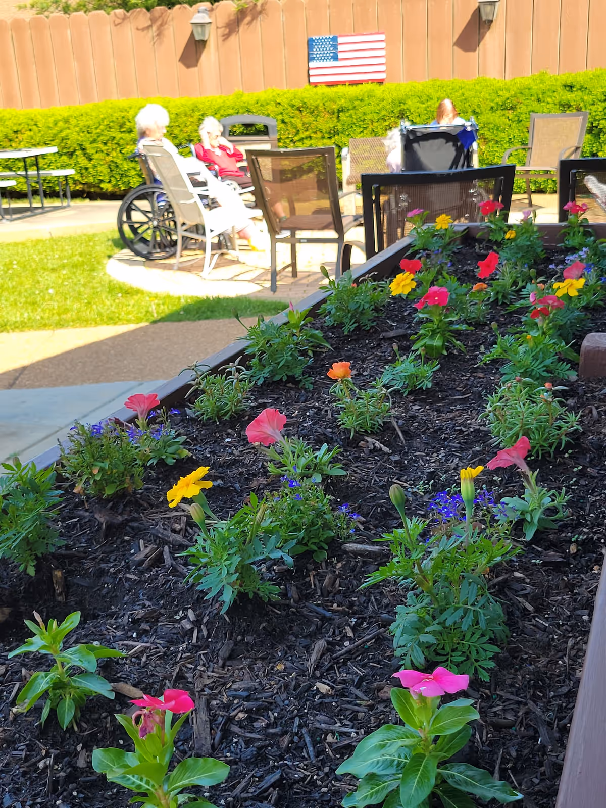A garden bed with colorful flowers in the foreground and several elderly people sitting on chairs and wheelchairs in a sunny outdoor patio area. There is a wooden fence with an American flag mounted on it and green bushes along the fence.