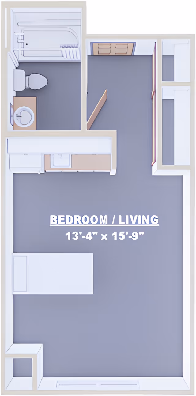Floor plan of a small living space labeled Bedroom / Living measuring 13 feet 4 inches by 15 feet 9 inches, showing a combined bedroom and living area with a bed, a kitchenette with a sink and refrigerator, and a bathroom with a toilet, sink, and bathtub.
