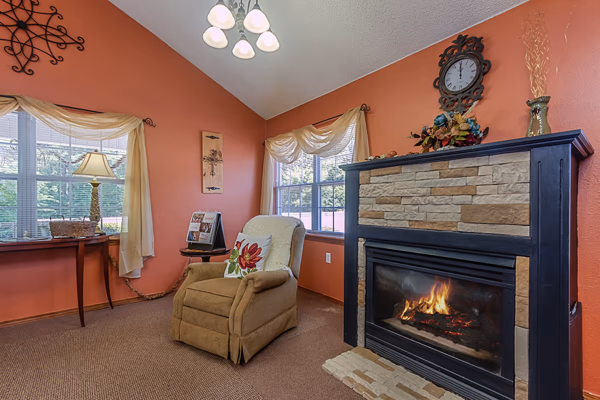 Cozy living room with an armchair, lit fireplace, orange walls, and windows with draped curtains.
