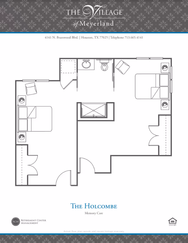Black-and-white floor plan titled "The Holcombe" from The Village of Meyerland showing two bedrooms, a bathroom, and a central living area.