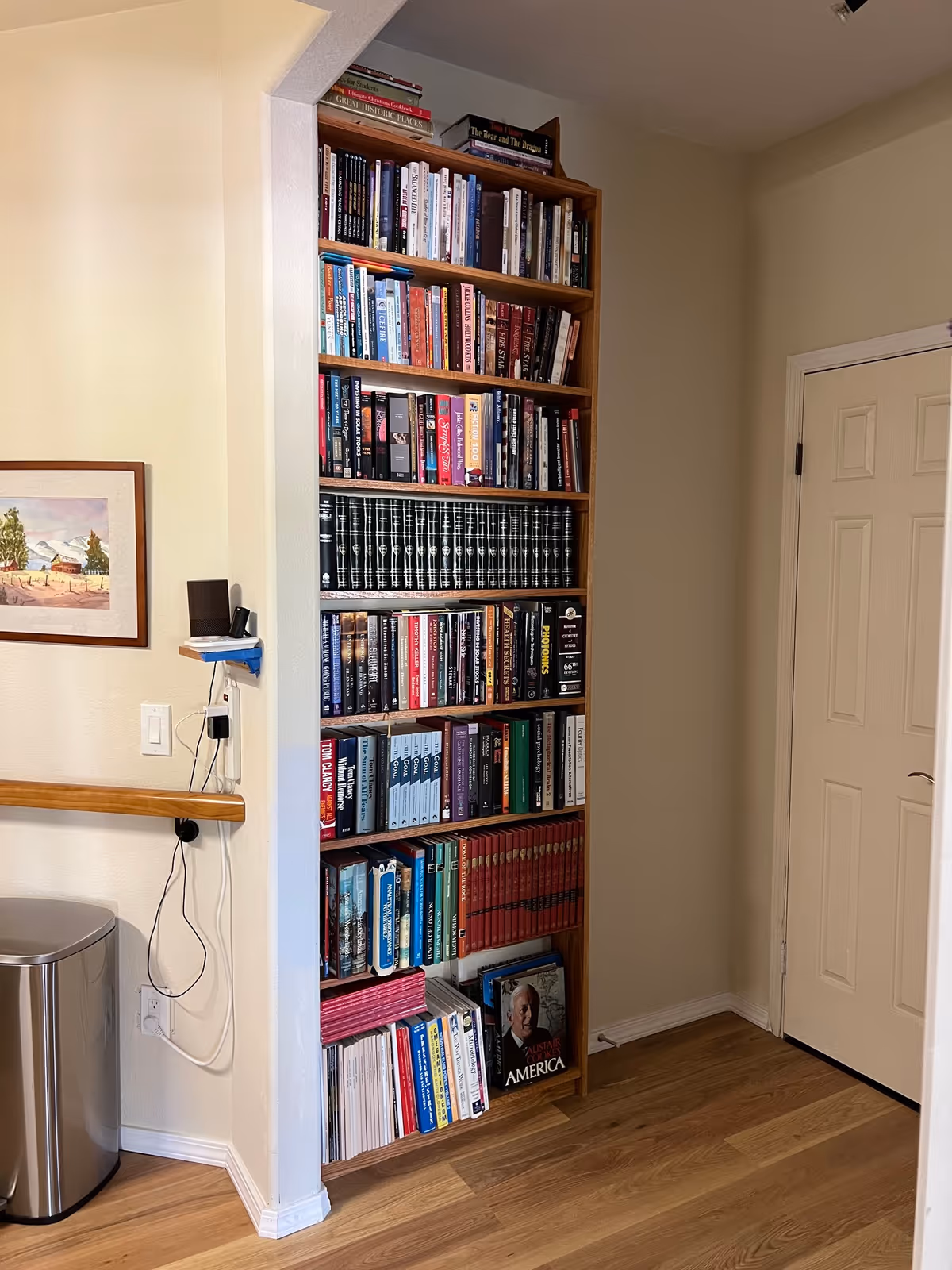 A tall wooden bookshelf filled with various books and magazines, located in a corner of a room with light-colored walls and wooden flooring. To the left of the bookshelf, there is a small shelf with electronic devices and cables hanging down, and a stainless steel trash can below. A framed painting is hung on the wall near the bookshelf. A closed white door is visible to the right of the bookshelf.