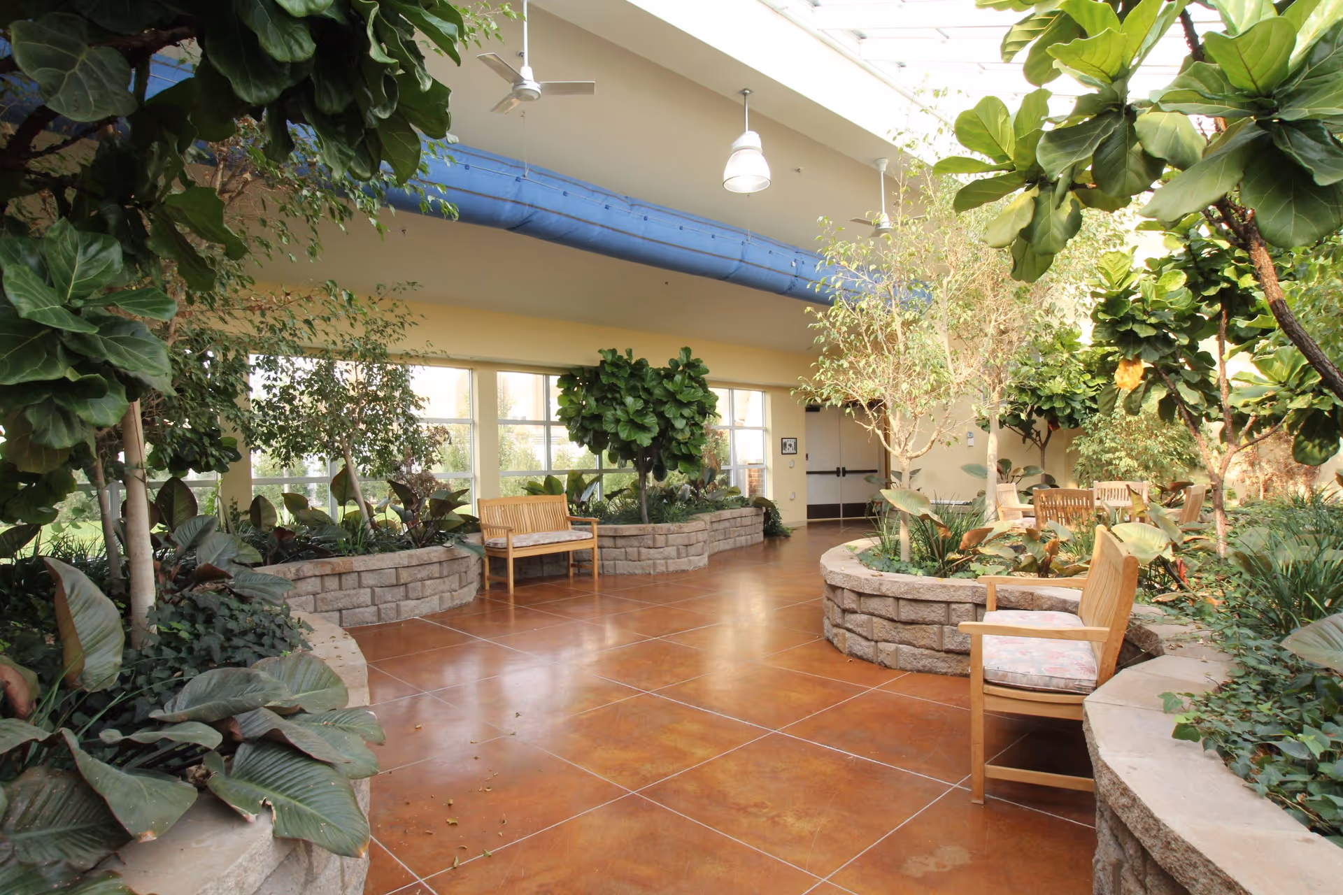 Indoor atrium-style common area with large potted plants and trees, wooden benches, and a tiled floor under skylights.