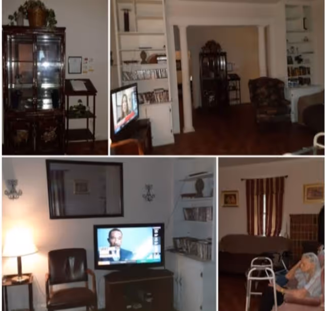 Collage of images showing the interior of a living room area with wooden floors, a TV, chairs, a sofa, shelves with DVDs, a lamp, and an elderly person sitting with a walker.