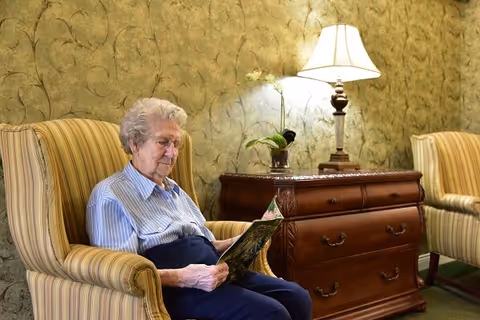 An elderly woman with gray hair wearing a blue striped shirt and dark pants is sitting in a striped armchair reading a magazine. Next to her is a wooden chest of drawers with a table lamp and a small potted plant on top. The background features a textured greenish wall.