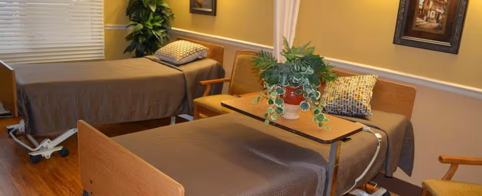 Two hospital-style beds in a nursing facility room with an overbed table holding a potted plant, chairs, and framed wall art.