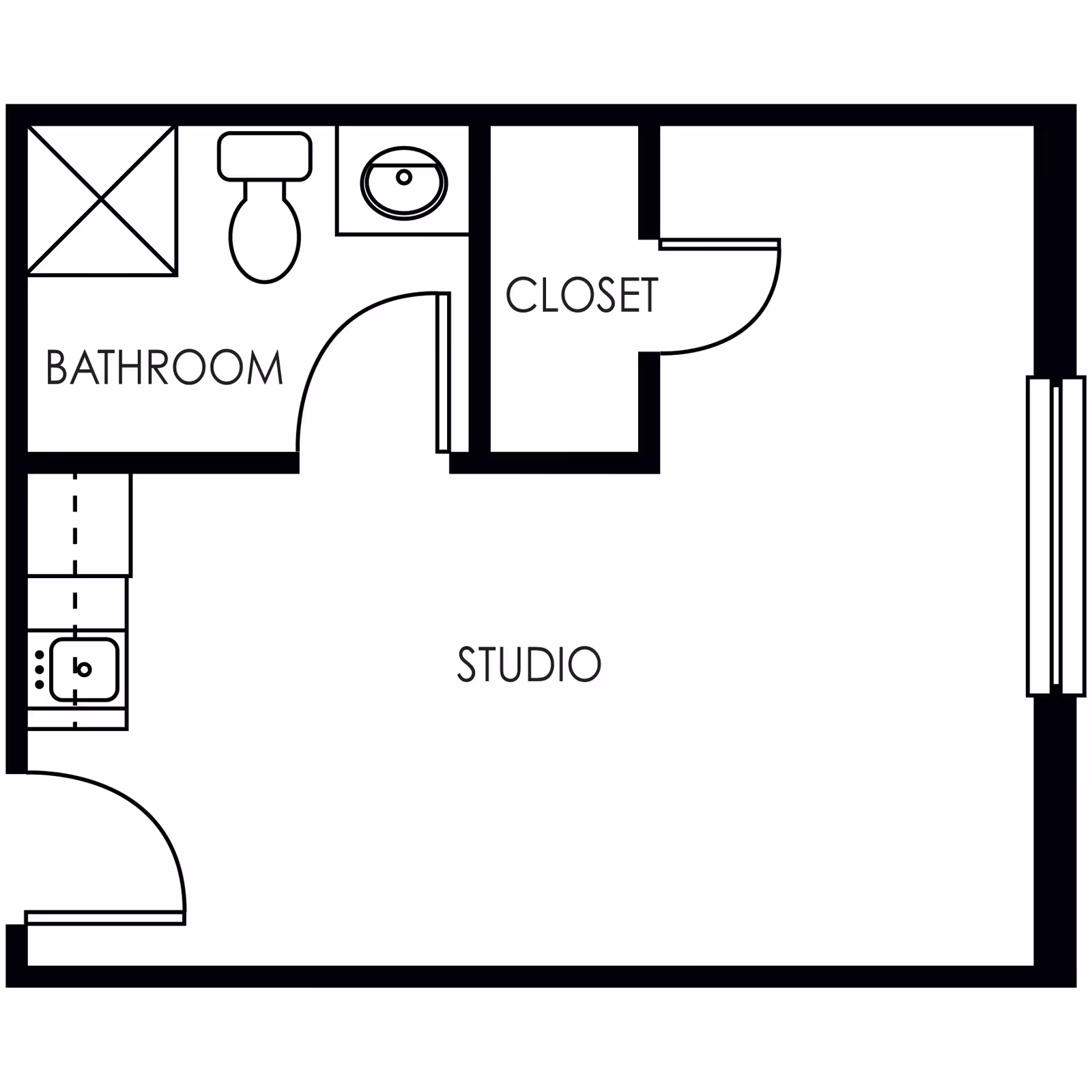 Floor plan of a studio apartment featuring a bathroom with a shower, toilet, and sink, a closet, a small kitchen area with a sink and stove, and an open studio living space with a window.