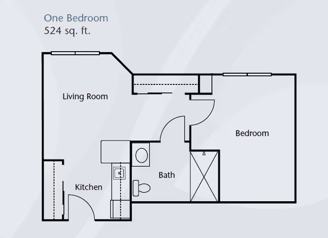One-bedroom 524 sq. ft. floor plan diagram showing a living room, kitchen, bedroom, and bathroom.