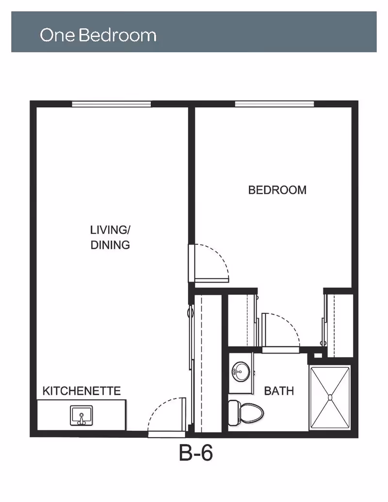 Floor plan layout of a one-bedroom unit labeled B-6, showing a living/dining area, kitchenette, bedroom, and bathroom with fixtures.