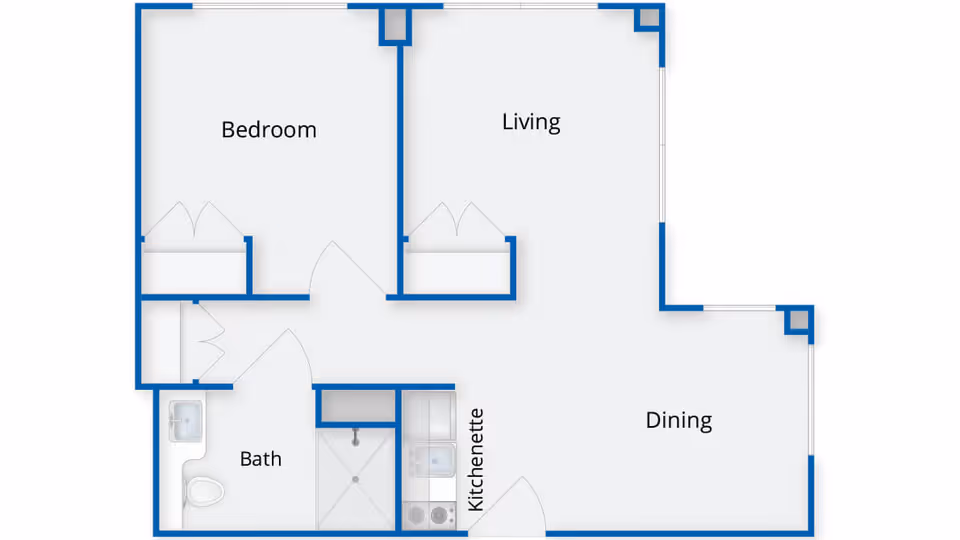 Floor plan of a senior living unit at Chestnut Park at Cleveland Circle showing labeled rooms including Bedroom, Living, Dining, Bath, and Kitchenette.