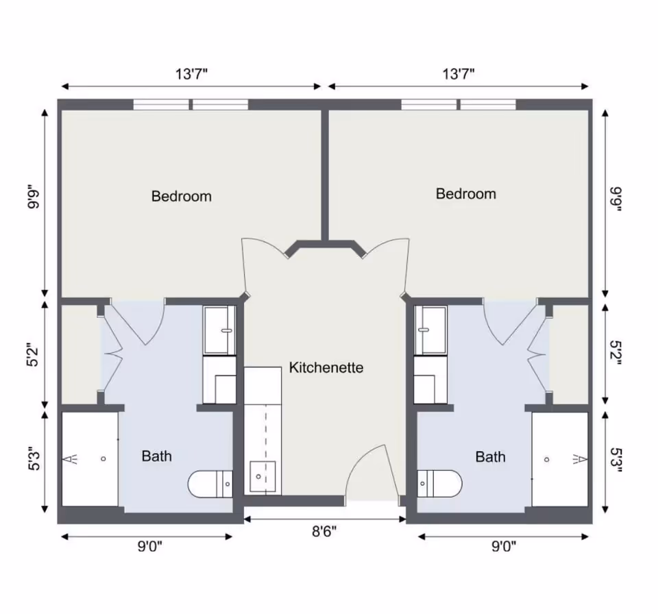 Floor plan showing two adjacent units each with a bedroom, bath, and kitchenette area. Each bedroom measures 13 feet 7 inches by 9 feet 9 inches. Each bath measures 9 feet by 5 feet 3 inches. The kitchenette area between the two units measures 8 feet 6 inches wide.