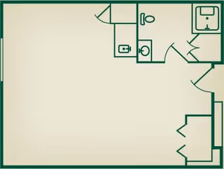 Architectural floor plan of a small living space showing a main room with an entrance, a bathroom with a toilet and sink, and a small kitchen area with a sink.