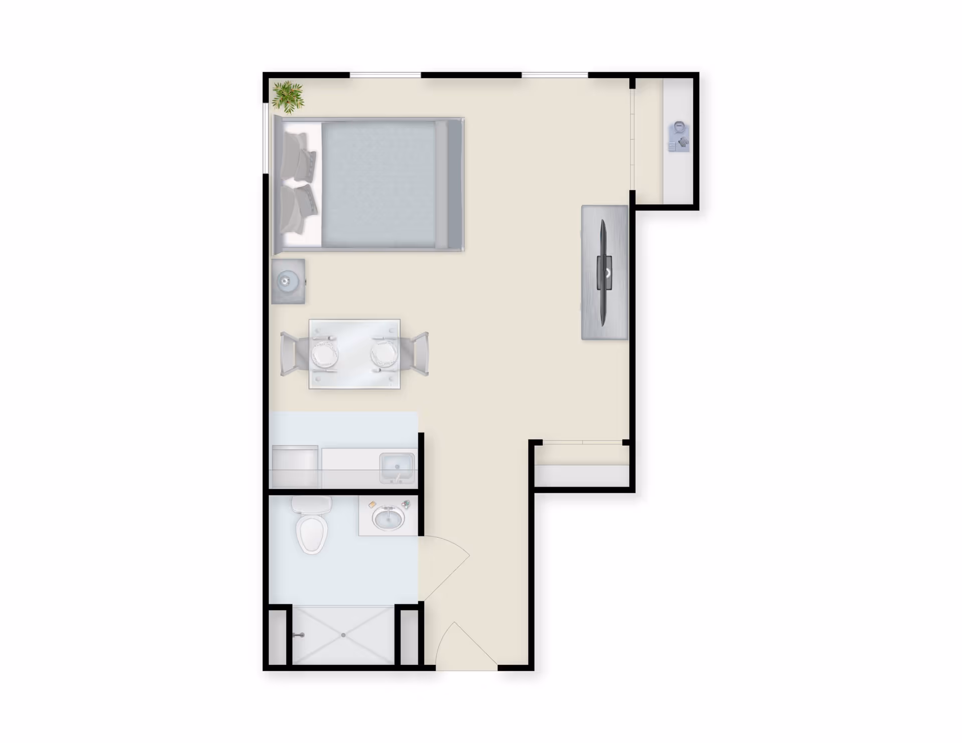 Floor plan of a senior living studio apartment featuring a bedroom area with a bed and nightstand, a small dining table with two chairs, a living area with a TV on a stand, a kitchenette with a sink, and a bathroom with a toilet, sink, and shower.