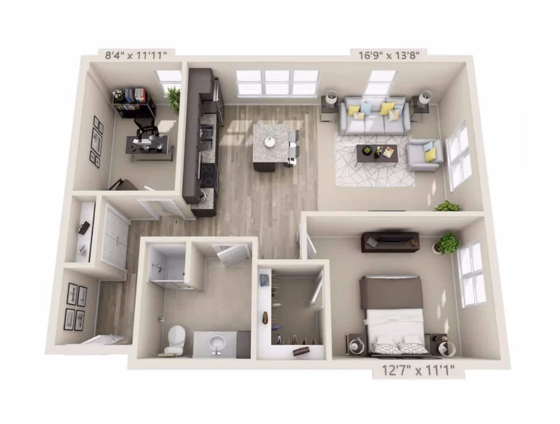 3D rendered floor plan of a one-bedroom apartment with a living room, kitchen island, bedroom, bathroom, and small office.
