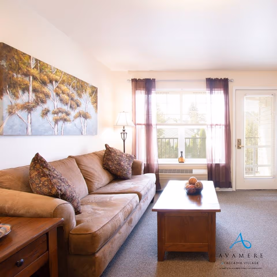 A cozy living room with a brown sofa adorned with patterned cushions, a wooden coffee table with decorative items, a floor lamp, and a large window with sheer purple curtains letting in natural light. A painting of trees hangs on the wall above the sofa.