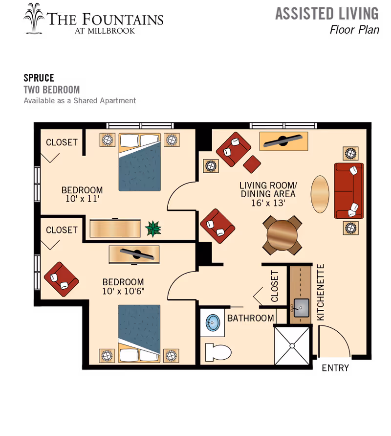 Colored floor plan diagram of a two-bedroom assisted living apartment showing two bedrooms, a living/dining area, kitchenette, bathroom and closets.
