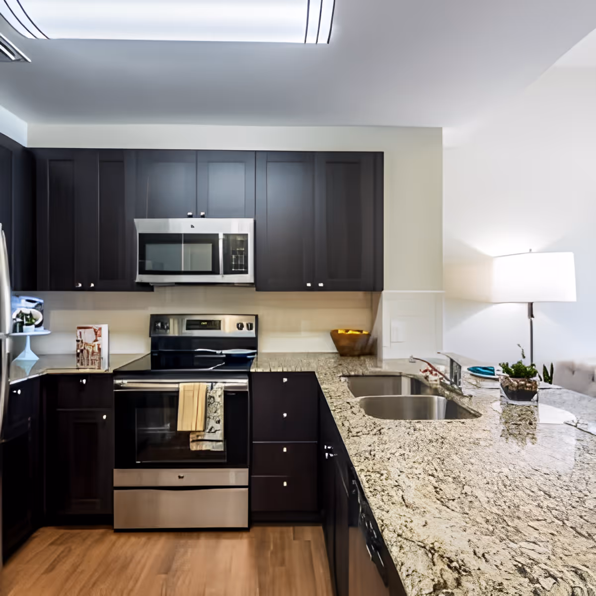 Modern kitchen with dark wood cabinets, stainless steel microwave and oven, granite countertops, double sink, and a lamp on the right side providing warm light.