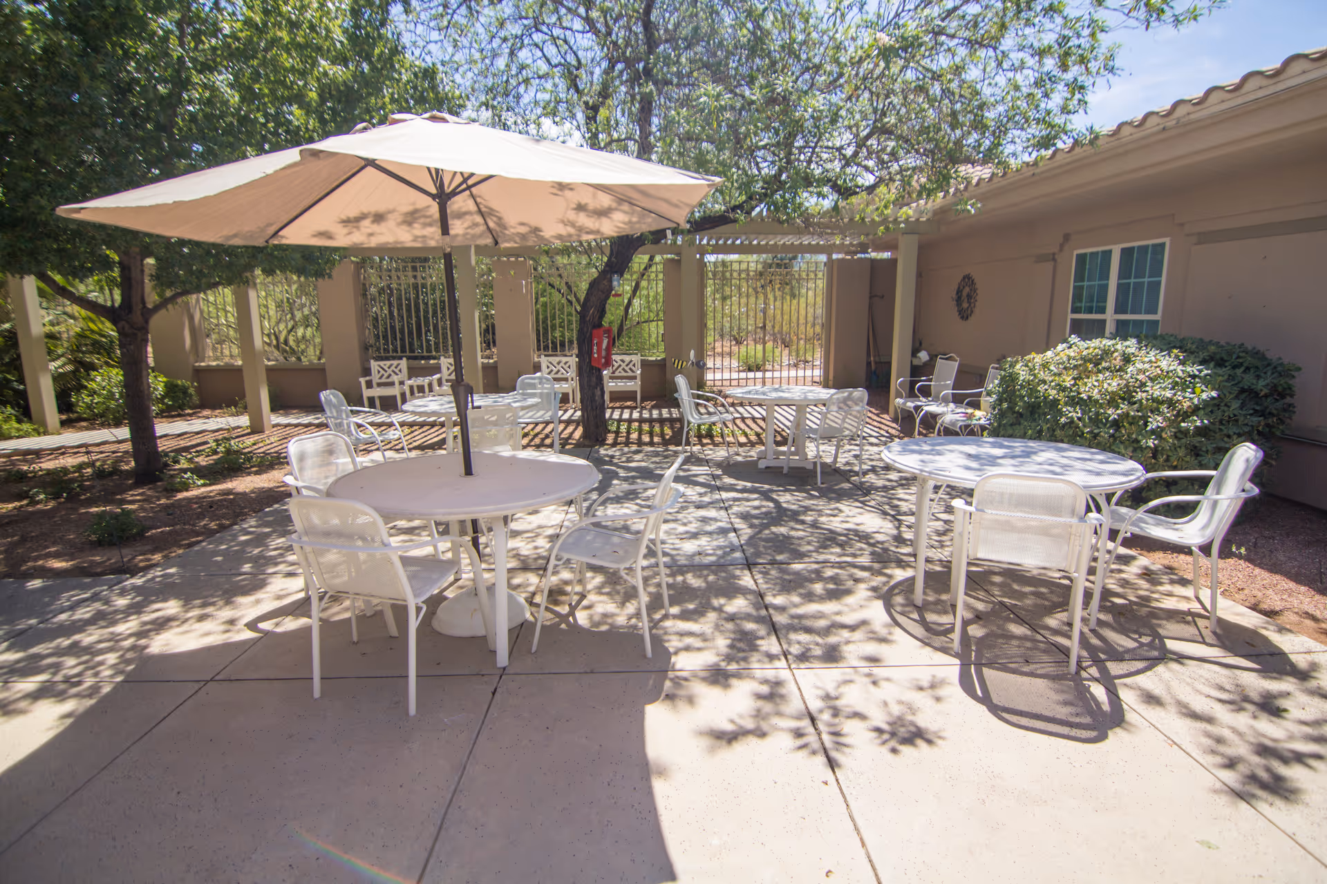 Sunny outdoor patio with white round tables and chairs, a large umbrella, and shaded trees beside a building.