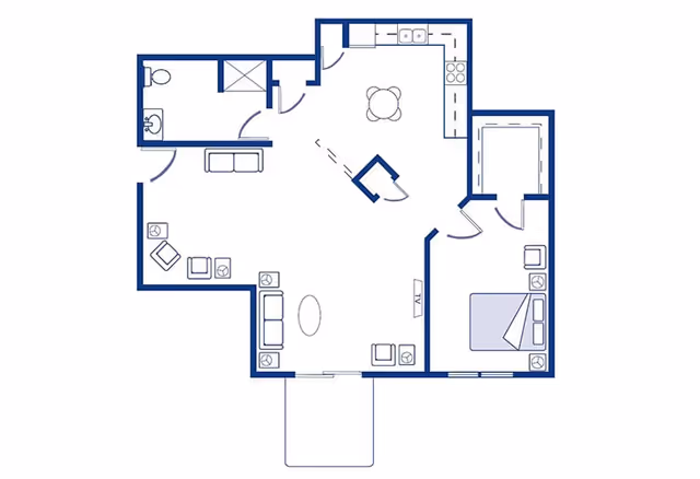 Architectural floor plan of a one-bedroom apartment featuring a living room with seating, a kitchen with appliances and a dining table, a bedroom with a bed and nightstands, and a bathroom with a toilet, sink, and shower.