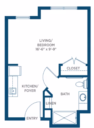 Floor plan of a studio apartment at Somerby Peachtree City showing a combined living and bedroom area measuring 16 feet 6 inches by 9 feet 9 inches, a kitchen/foyer area near the entry, a bathroom with a toilet, sink, and bathtub, a linen closet, and a separate closet.