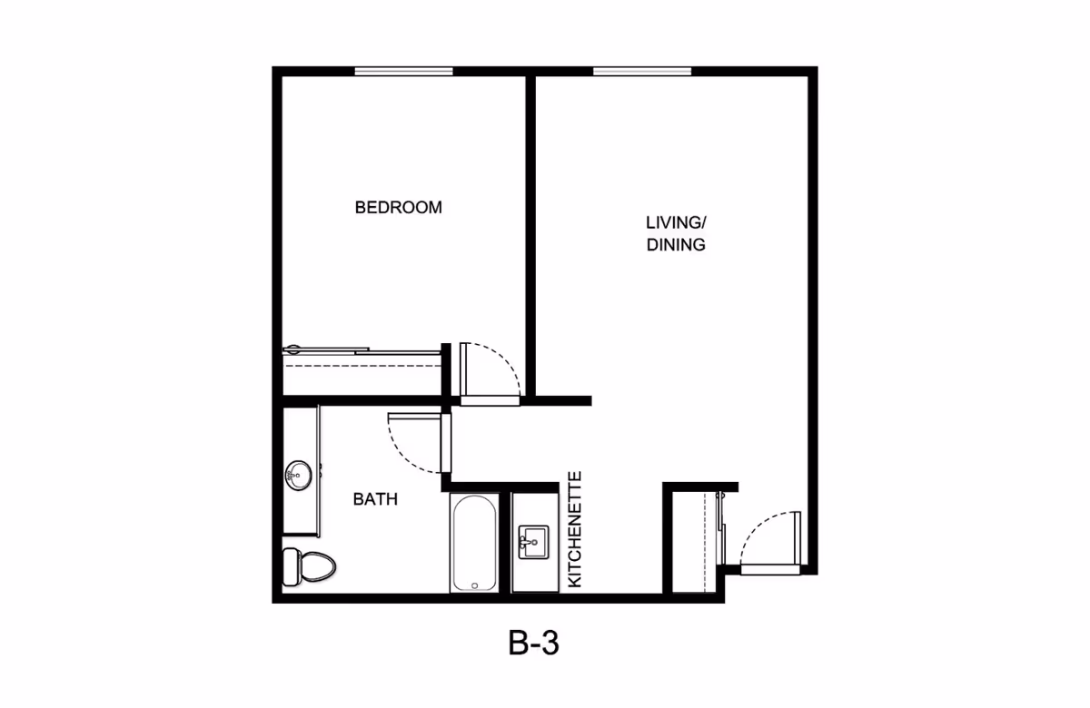 Floor plan labeled B-3 showing a layout with a bedroom, a combined living and dining area, a bathroom, and a kitchenette.