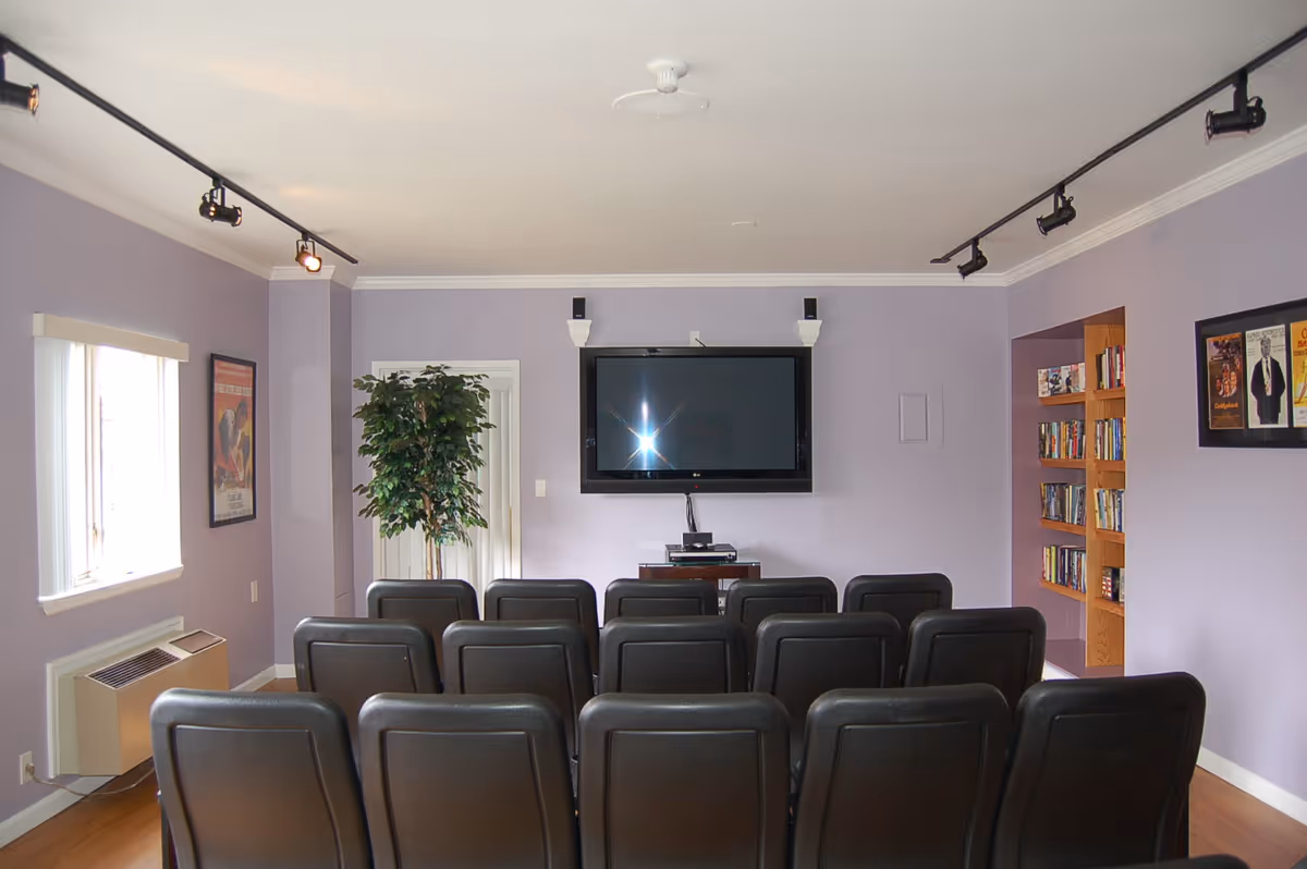 A small theater-style room with three rows of black chairs facing a wall-mounted flat screen TV. The walls are painted light purple, with track lighting on the ceiling. There is a tall green potted plant near a doorway, framed posters on the walls, and a built-in bookshelf filled with books on the right side.