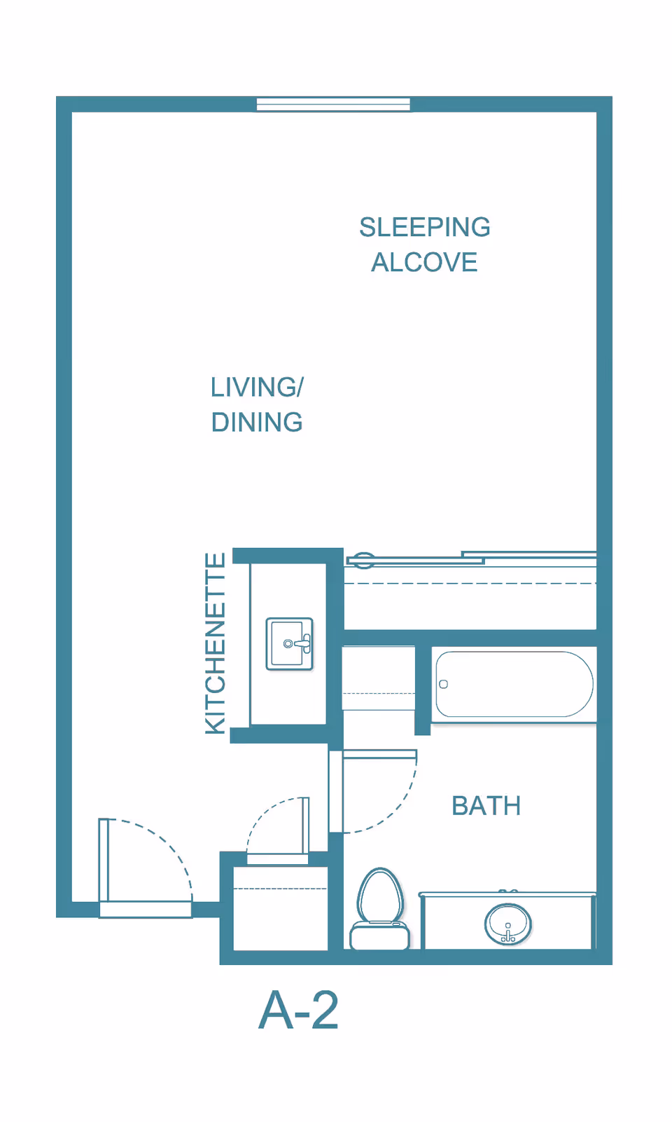 Floor plan labeled A-2 showing a studio layout with a sleeping alcove, living/dining area, kitchenette, and a bathroom with a bathtub, toilet, and sink.