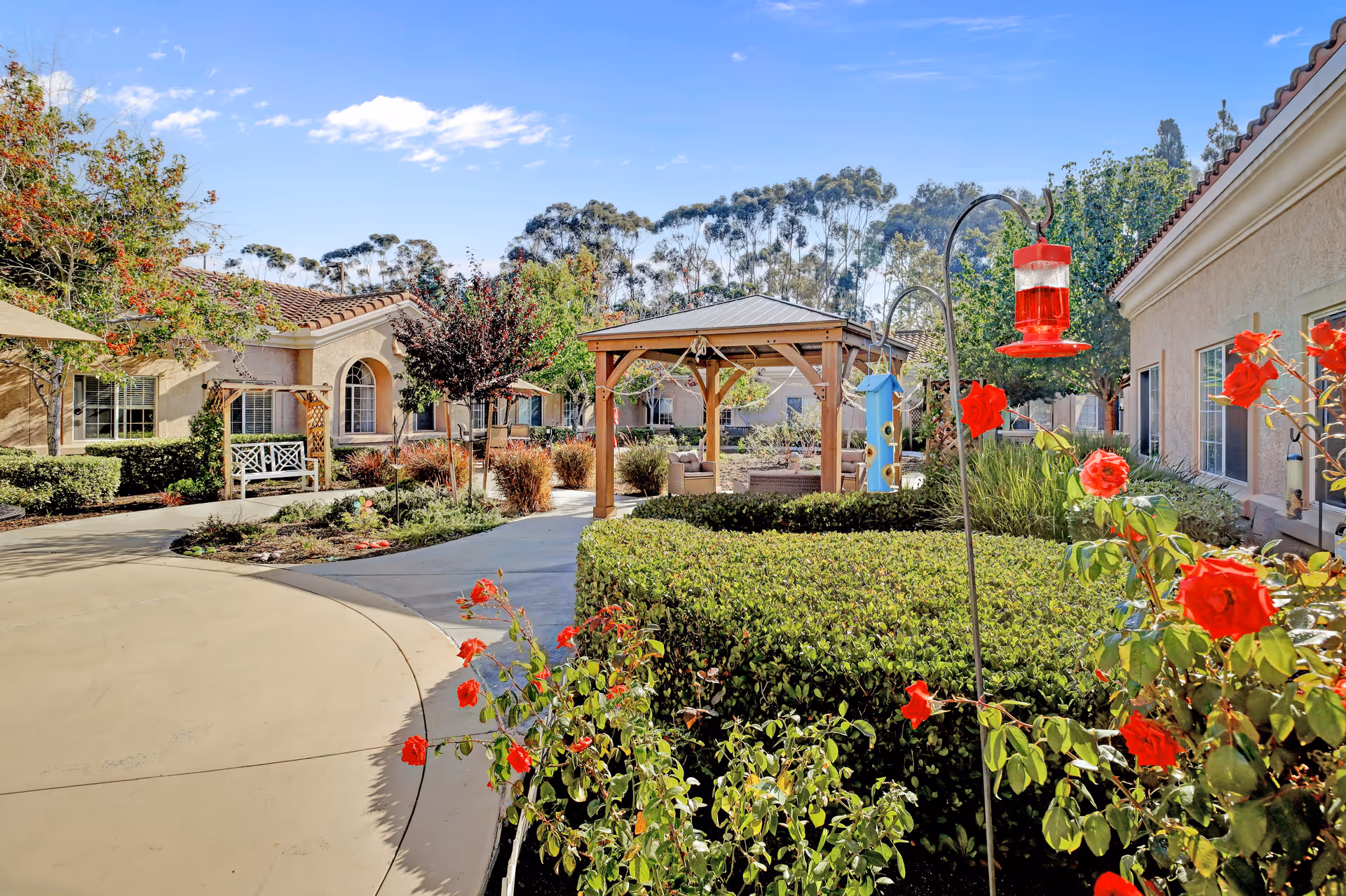 Outdoor courtyard area at Bayshire Torrey Pines featuring a paved walkway, well-maintained bushes, red flowers, bird feeders, a wooden gazebo with seating, and single-story buildings with tiled roofs under a clear blue sky.