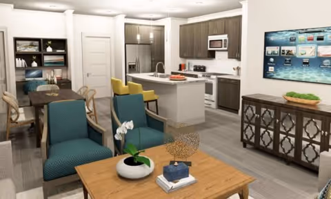 Open-concept living area with seating, coffee table, dining table and a kitchen island in the background.