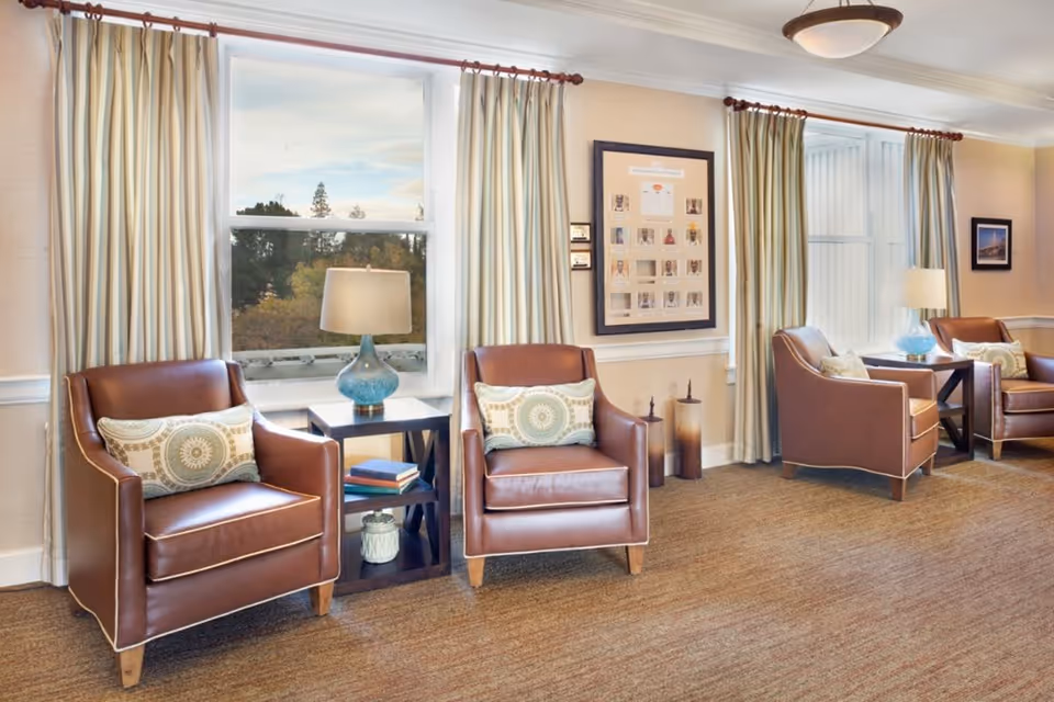 Bright lounge with brown leather armchairs, side tables, table lamps and large curtained windows.