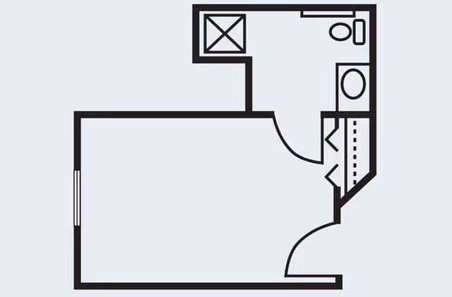 Architectural floor plan of a small living space with a bathroom including a toilet, sink, and shower, and an adjacent main room with a door and window.