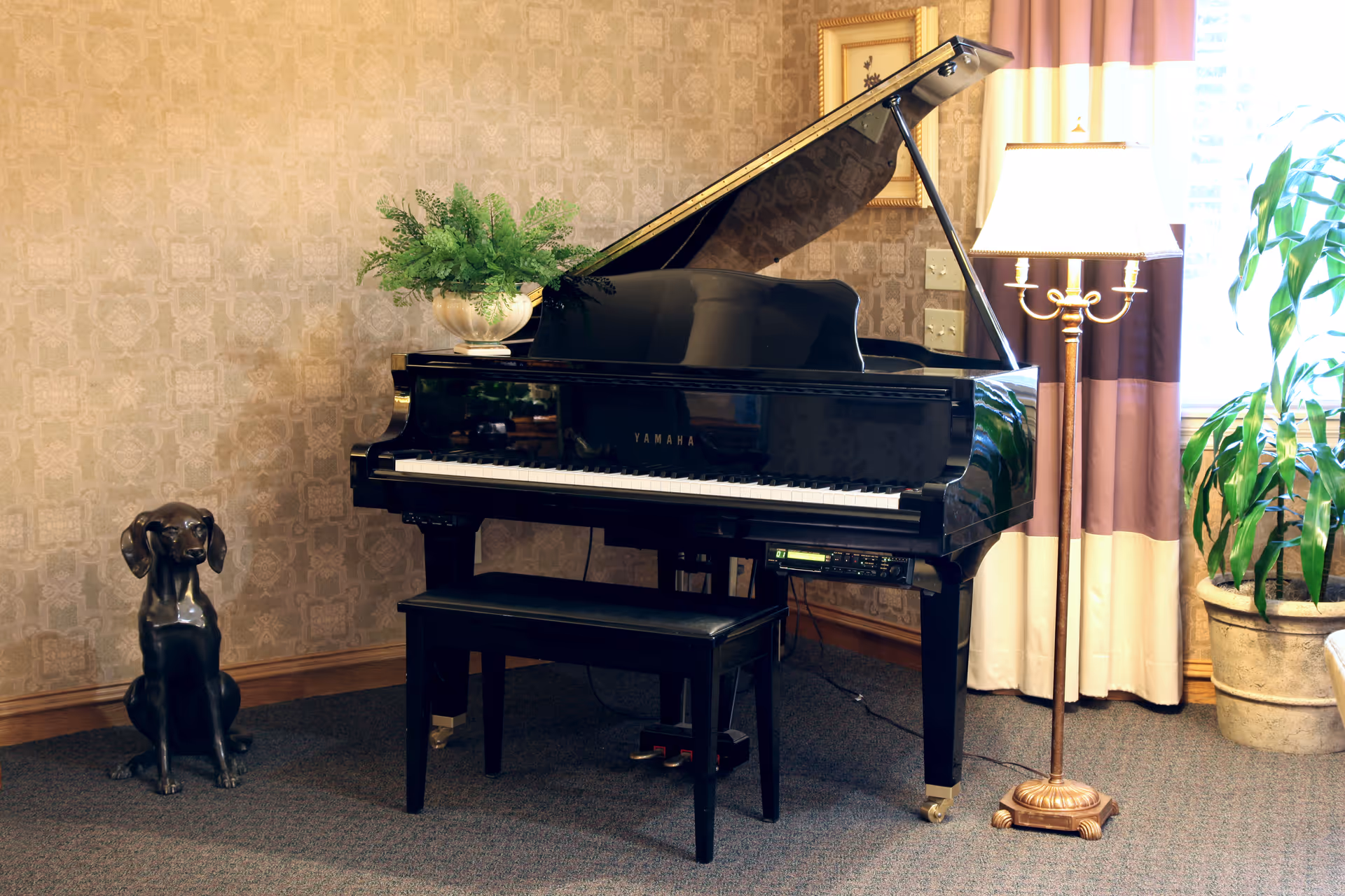 A black Yamaha grand piano with a matching bench is placed against a patterned wallpapered wall. On top of the piano is a decorative plant in a white pot. To the right of the piano is a tall floor lamp with a white lampshade, and a large potted plant is near a window with curtains. On the floor to the left of the piano is a black statue of a dog.