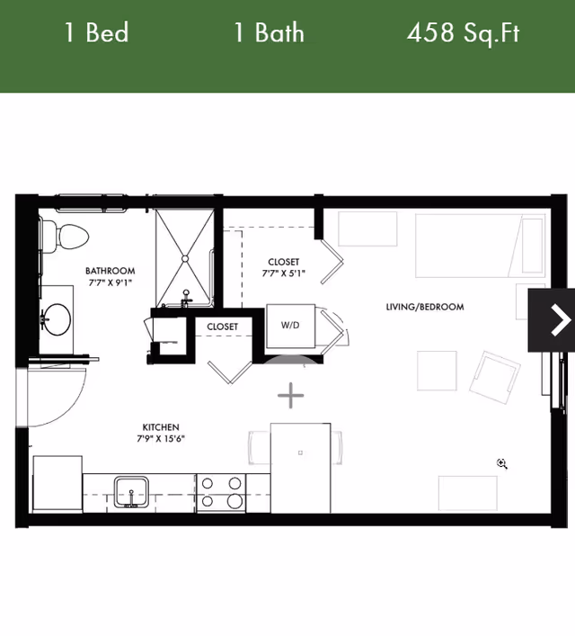 Floor plan of a 1 bedroom, 1 bathroom apartment with a total area of 458 square feet. The layout includes a bathroom measuring 7'7" by 9'1", a kitchen measuring 7'9" by 15'6", a living/bedroom area, two closets, and a washer/dryer unit.