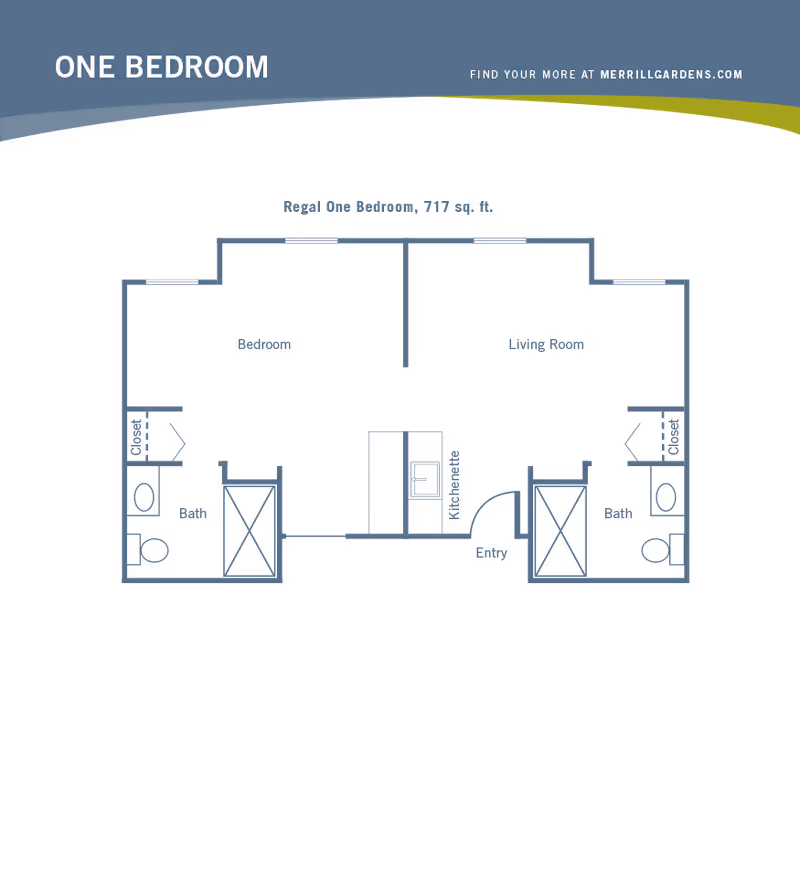 Floor plan of a one-bedroom apartment at Merrill Gardens at Sheldon Park, showing a bedroom, living room, two bathrooms, closets, kitchenette, and entry area, covering 717 square feet.