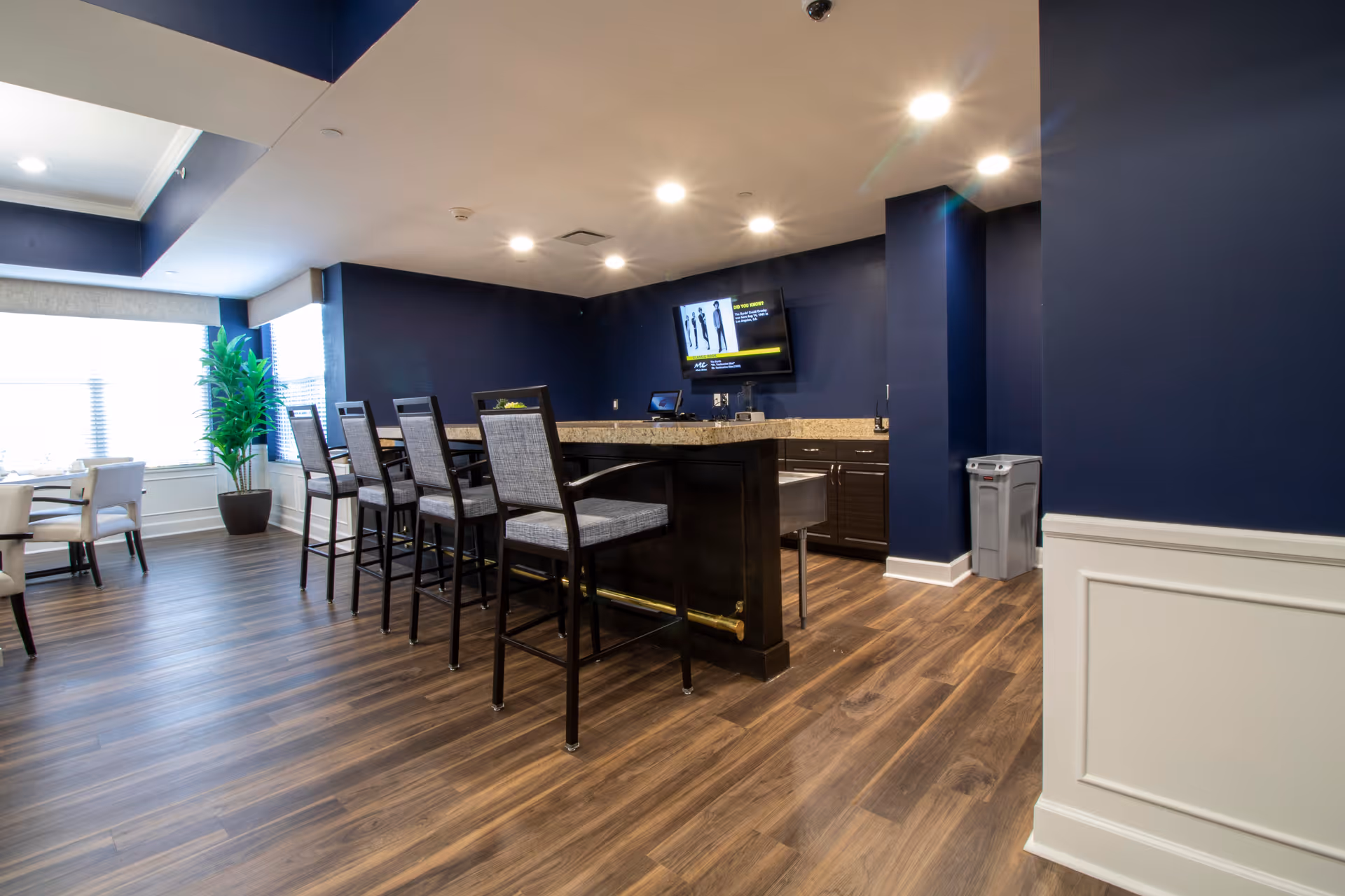 Interior view of a modern common area with a high counter and six bar stools with gray cushions. The room has dark blue walls, wood flooring, a large window with blinds, a potted plant, and a wall-mounted TV above a countertop with cabinets underneath.