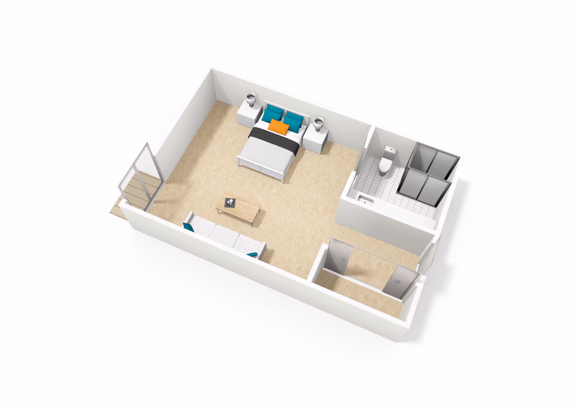 3D floor plan of a small living space featuring a bedroom area with a bed, two nightstands with lamps, a small sofa with two cushions, a coffee table, and an attached bathroom with a toilet, sink, and shower. There is also an entryway area with two doors.