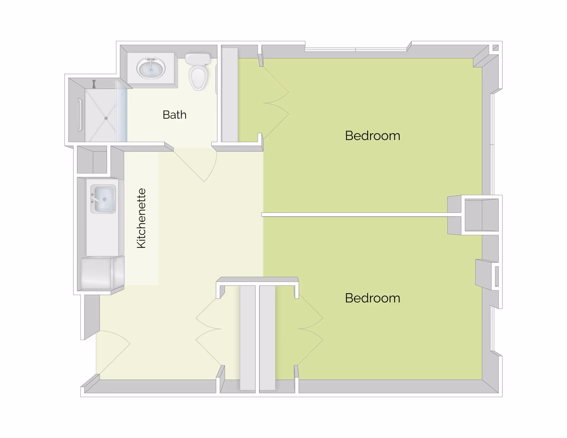 Floor plan of a living space at The Residence at Vinnin Square showing two bedrooms, a bath, and a kitchenette area.
