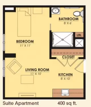 Floor plan of a suite apartment at Heathwood Assisted Living and Memory Care showing a bedroom, bathroom, living room, kitchen, closet, and linen closet. The bedroom measures 11 by 11 feet, the bathroom 8 by 6 feet, the living room 11 by 10 feet, and the kitchen 8 by 10 feet. The total area is 400 square feet.