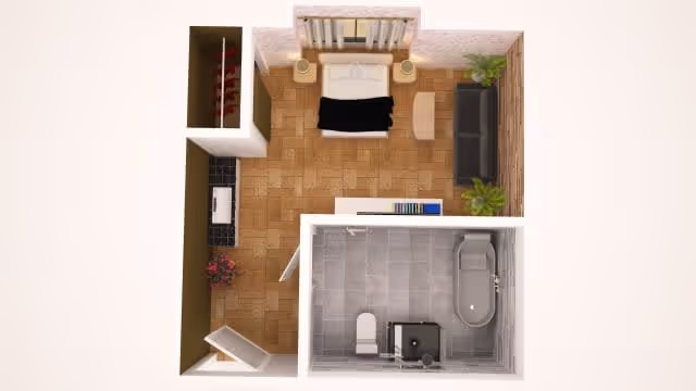 Top-down view of a small apartment layout featuring a bedroom with a bed, two nightstands, a sofa, a coffee table, and two plants. Adjacent to the bedroom is a bathroom with a bathtub, toilet, and sink. There is also a small kitchen area with a stove and counter space.