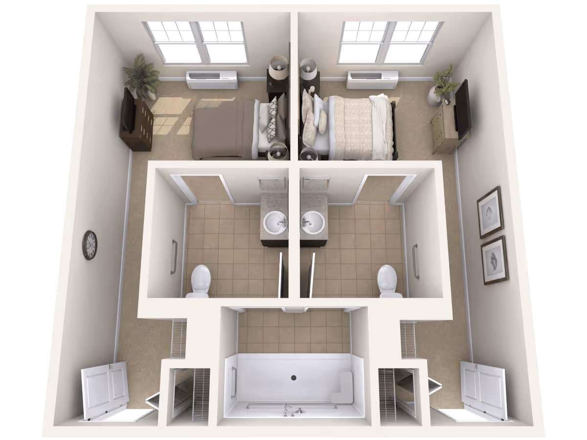 3D floor plan of a senior living facility unit featuring two bedrooms each with a bed, nightstands, lamps, dressers, and windows. The unit includes two bathrooms with toilets and sinks, and a shared central bathroom with a bathtub. The layout shows carpeted bedrooms and tiled bathrooms with closets near the entrances.